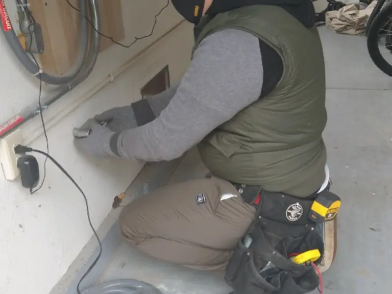 Electrician performing outlet wiring in a Lincolnshire garage